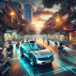 Một chiếc xe điện hiện đại đang di chuyển trên đường cao tốc, với các luồng dữ liệu và giao diện đồ họa hiển thị công nghệ tự lái.