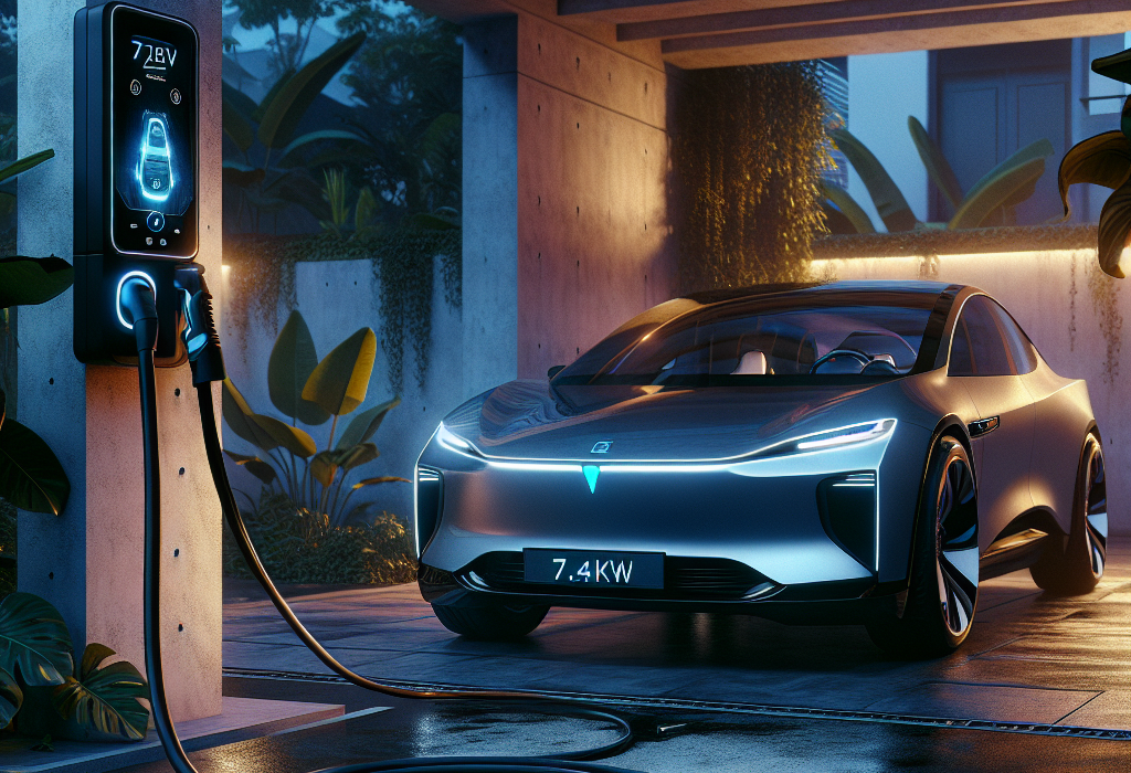 Một bộ sạc di động 7.4kW màu đen đang cắm vào cổng sạc của một chiếc xe điện BYD Atto 3 màu xanh.