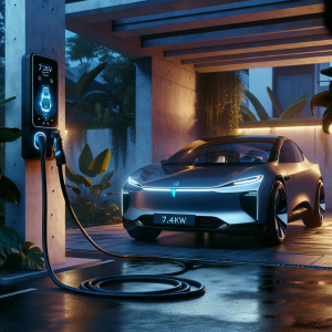 Một bộ sạc di động 7.4kW màu đen đang cắm vào cổng sạc của một chiếc xe điện BYD Atto 3 màu xanh.