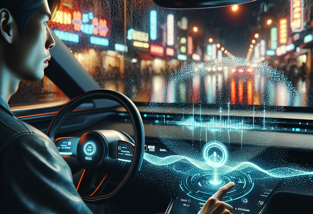 Góc nhìn từ ghế lái xe điện VinFast, màn hình trung tâm hiển thị giao diện trợ lý ảo Vivi với sóng âm màu xanh.