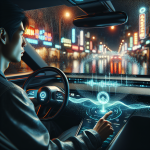 Góc nhìn từ ghế lái xe điện VinFast, màn hình trung tâm hiển thị giao diện trợ lý ảo Vivi với sóng âm màu xanh.