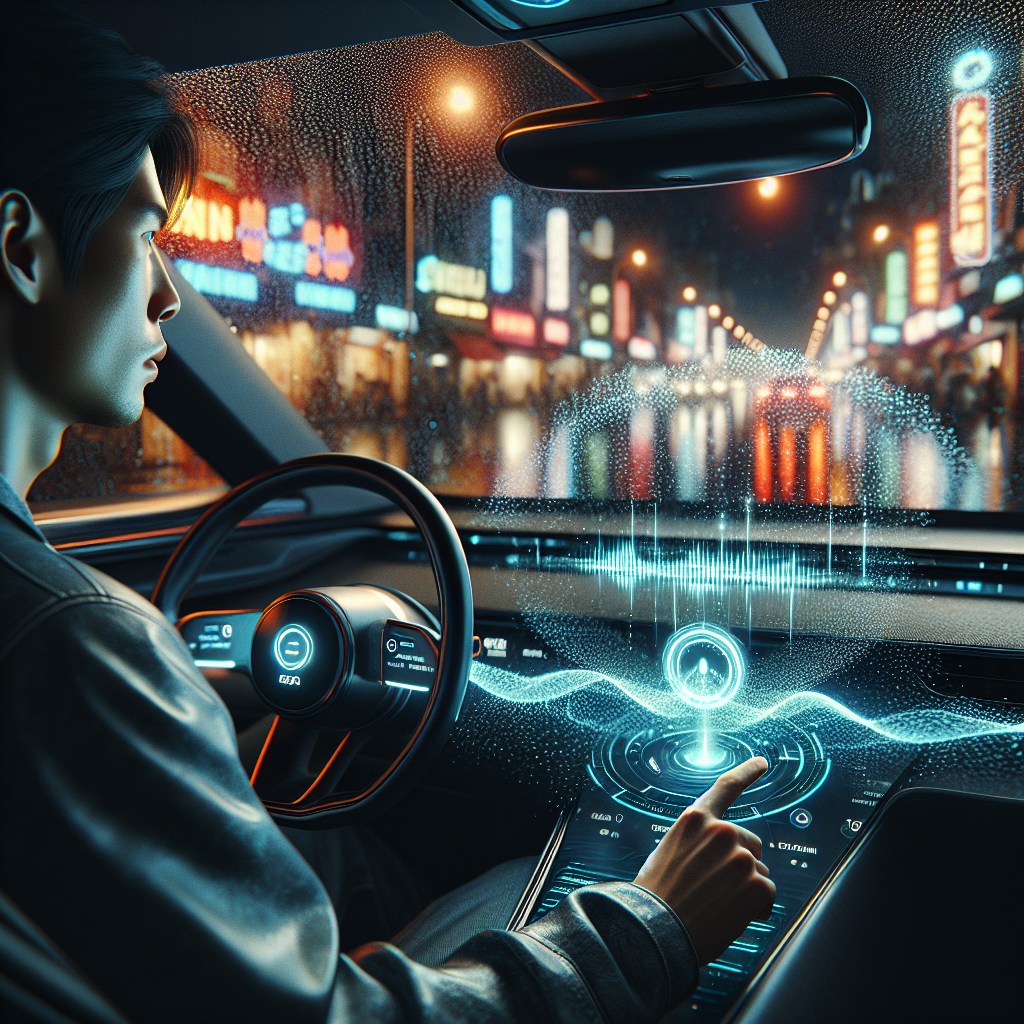 Góc nhìn từ ghế lái xe điện VinFast, màn hình trung tâm hiển thị giao diện trợ lý ảo Vivi với sóng âm màu xanh.