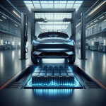 Cận cảnh khối pin của xe điện VinFast VF 8 được đặt trên bệ nâng trong xưởng dịch vụ.