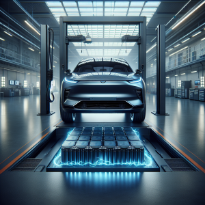 Cận cảnh khối pin của xe điện VinFast VF 8 được đặt trên bệ nâng trong xưởng dịch vụ.