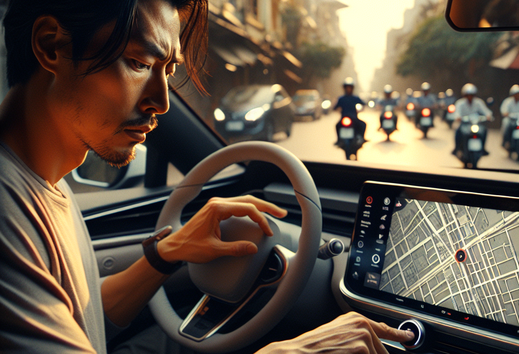 Một người lái xe đang thực hiện thao tác khởi động lại màn hình trung tâm của một chiếc xe điện hiện đại.