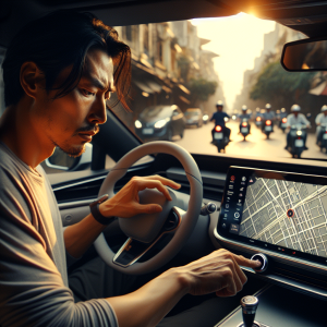 Một người lái xe đang thực hiện thao tác khởi động lại màn hình trung tâm của một chiếc xe điện hiện đại.