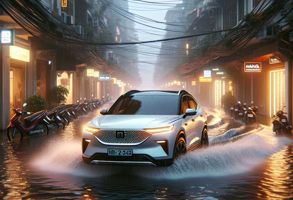 Một chiếc xe điện màu xanh dương đang tự tin đi qua một đoạn đường ngập nước sâu ở thành phố.