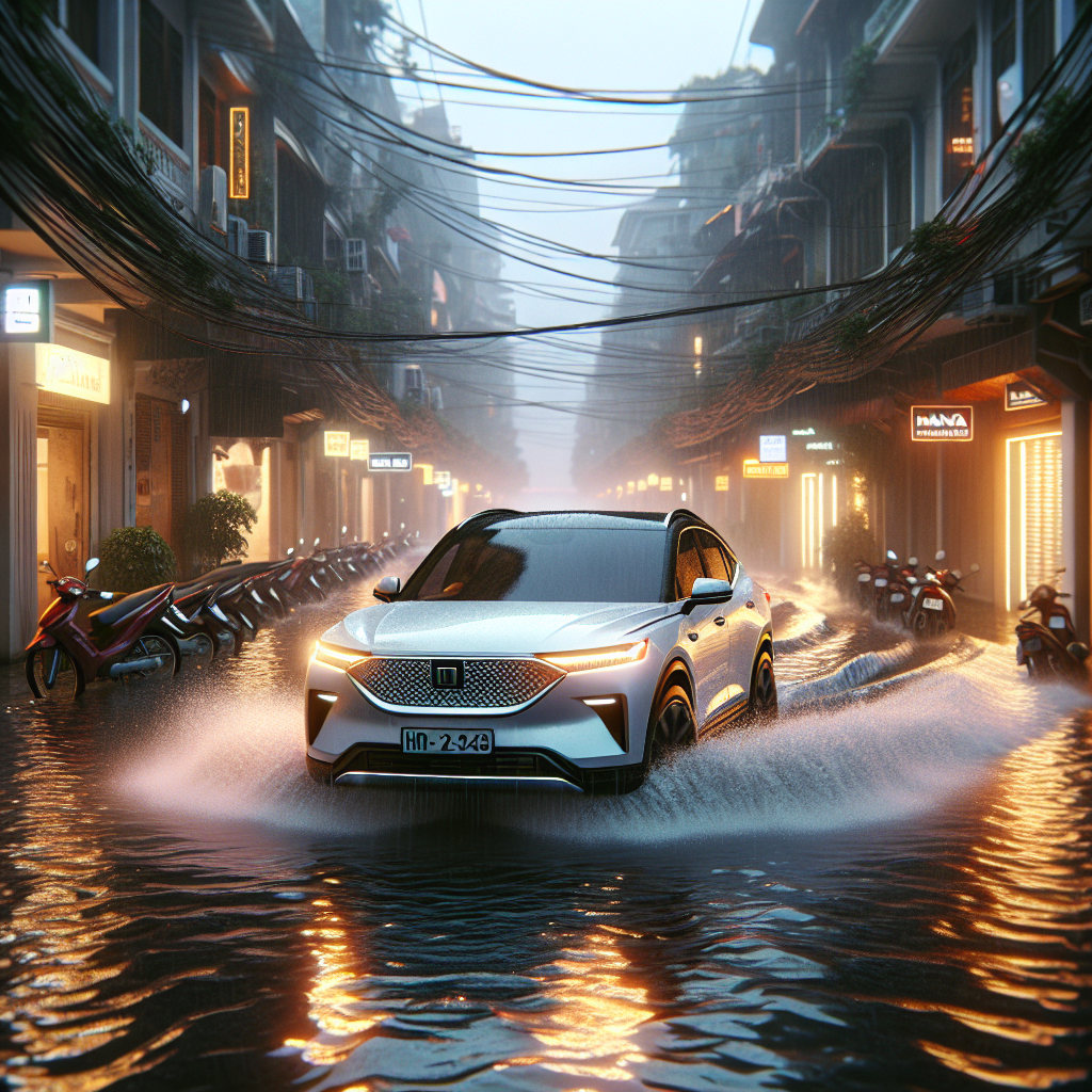 Một chiếc xe điện màu xanh dương đang tự tin đi qua một đoạn đường ngập nước sâu ở thành phố.