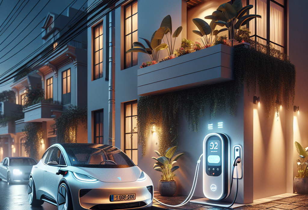 Một chiếc xe điện đang cắm sạc tại nhà vào ban đêm, với biểu tượng đồng hồ và lịch minh họa cho tính năng sạc theo lịch.