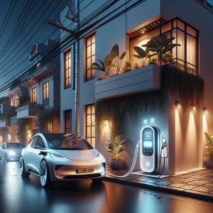 Một chiếc xe điện đang cắm sạc tại nhà vào ban đêm, với biểu tượng đồng hồ và lịch minh họa cho tính năng sạc theo lịch.