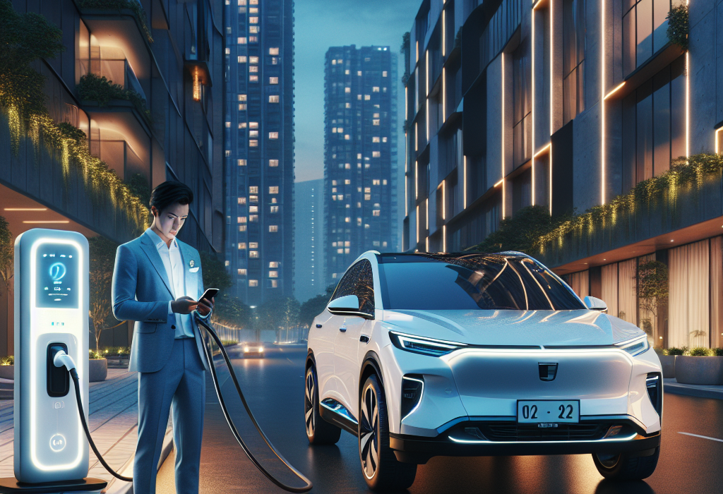 Một chiếc ô tô điện màu xanh đang được cắm sạc tại trạm sạc công cộng vào buổi tối, với ánh đèn neon phản chiếu trên thân xe.