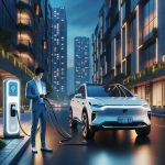 Một chiếc ô tô điện màu xanh đang được cắm sạc tại trạm sạc công cộng vào buổi tối, với ánh đèn neon phản chiếu trên thân xe.