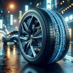 Cận cảnh một chiếc lốp xe điện chuyên dụng với thiết kế gai lốp phức tạp và ký hiệu EV.