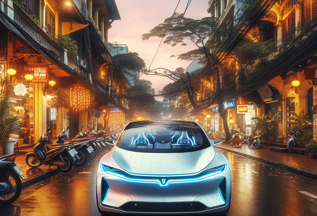 Một chiếc xe điện hiện đại đang được cắm sạc tại trạm sạc công cộng, với ánh đèn neon xanh dương nổi bật trong đêm.