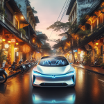 Một chiếc xe điện hiện đại đang được cắm sạc tại trạm sạc công cộng, với ánh đèn neon xanh dương nổi bật trong đêm.