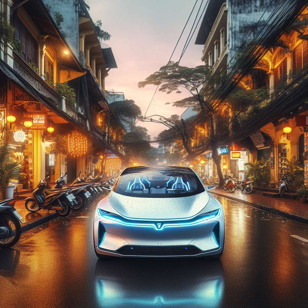 Một chiếc xe điện hiện đại đang được cắm sạc tại trạm sạc công cộng, với ánh đèn neon xanh dương nổi bật trong đêm.