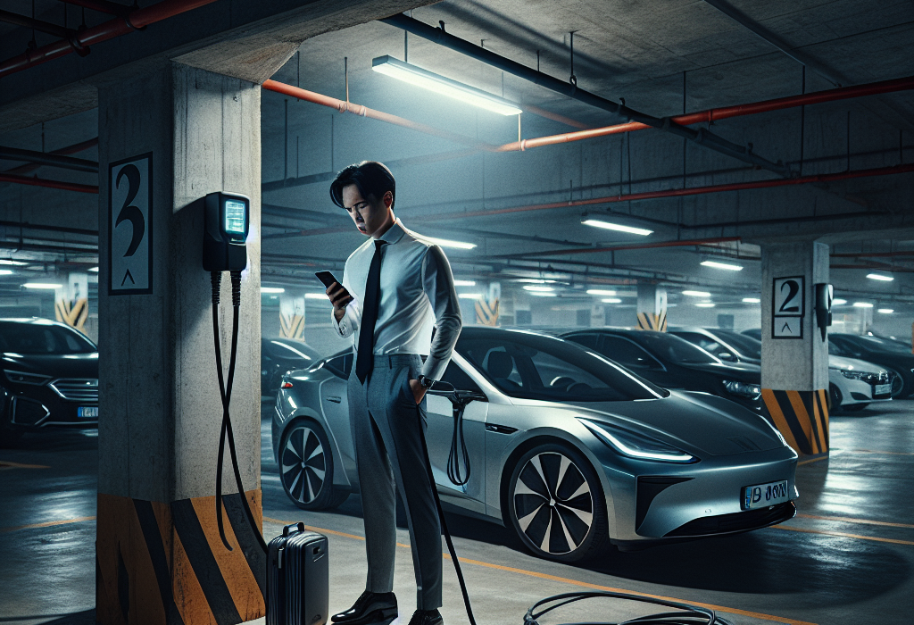 Một chiếc xe điện không phải VinFast đang cắm sạc tại trạm công cộng trong hầm gửi xe chung cư.