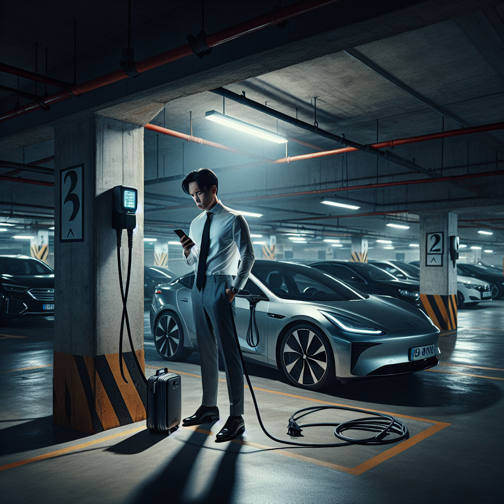 Một chiếc xe điện không phải VinFast đang cắm sạc tại trạm công cộng trong hầm gửi xe chung cư.