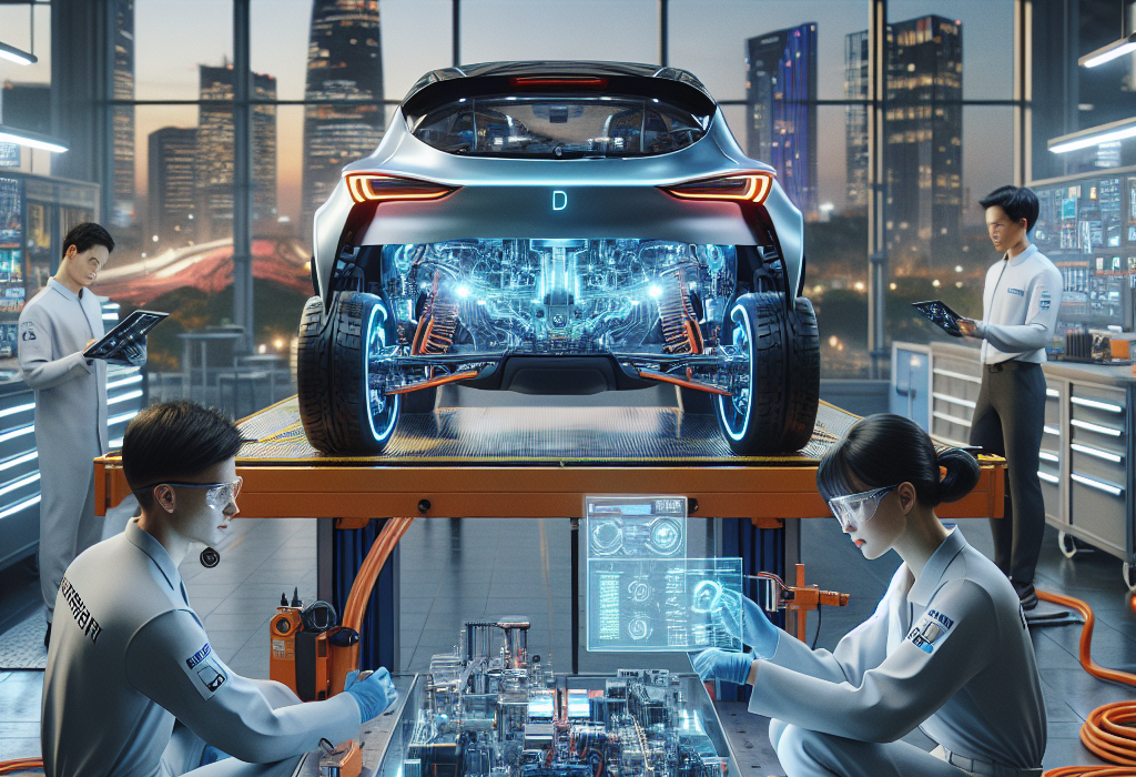 Một kỹ thuật viên đang kiểm tra khối pin của một chiếc xe điện trong xưởng dịch vụ hiện đại.