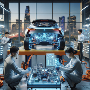 Một kỹ thuật viên đang kiểm tra khối pin của một chiếc xe điện trong xưởng dịch vụ hiện đại.