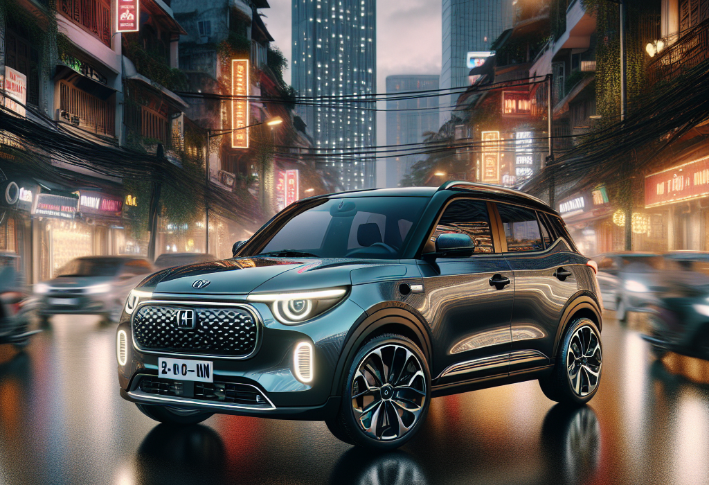 Một chiếc VinFast VF 3 màu trắng đã được nâng cấp mâm đúc thể thao màu đen, đậu trong một showroom độ xe.