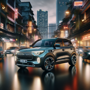 Một chiếc VinFast VF 3 màu trắng đã được nâng cấp mâm đúc thể thao màu đen, đậu trong một showroom độ xe.