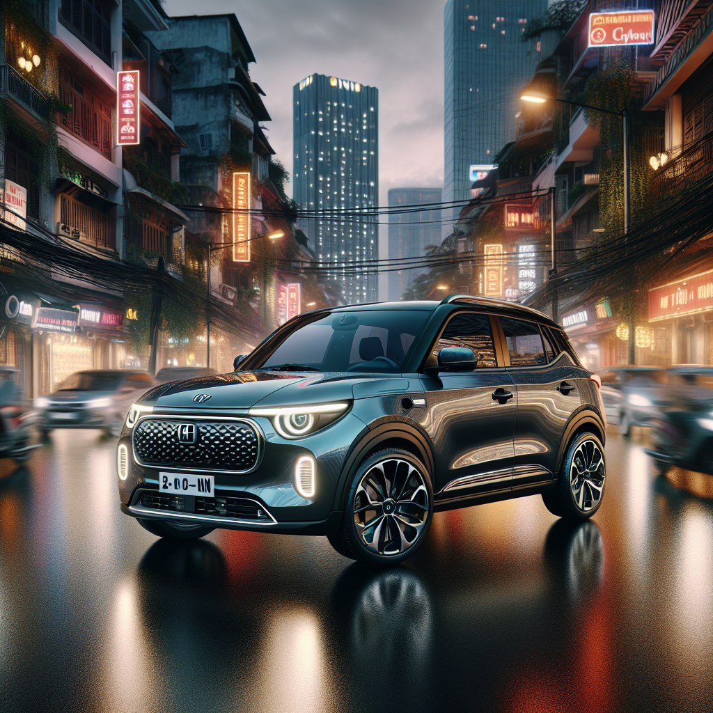 Một chiếc VinFast VF 3 màu trắng đã được nâng cấp mâm đúc thể thao màu đen, đậu trong một showroom độ xe.