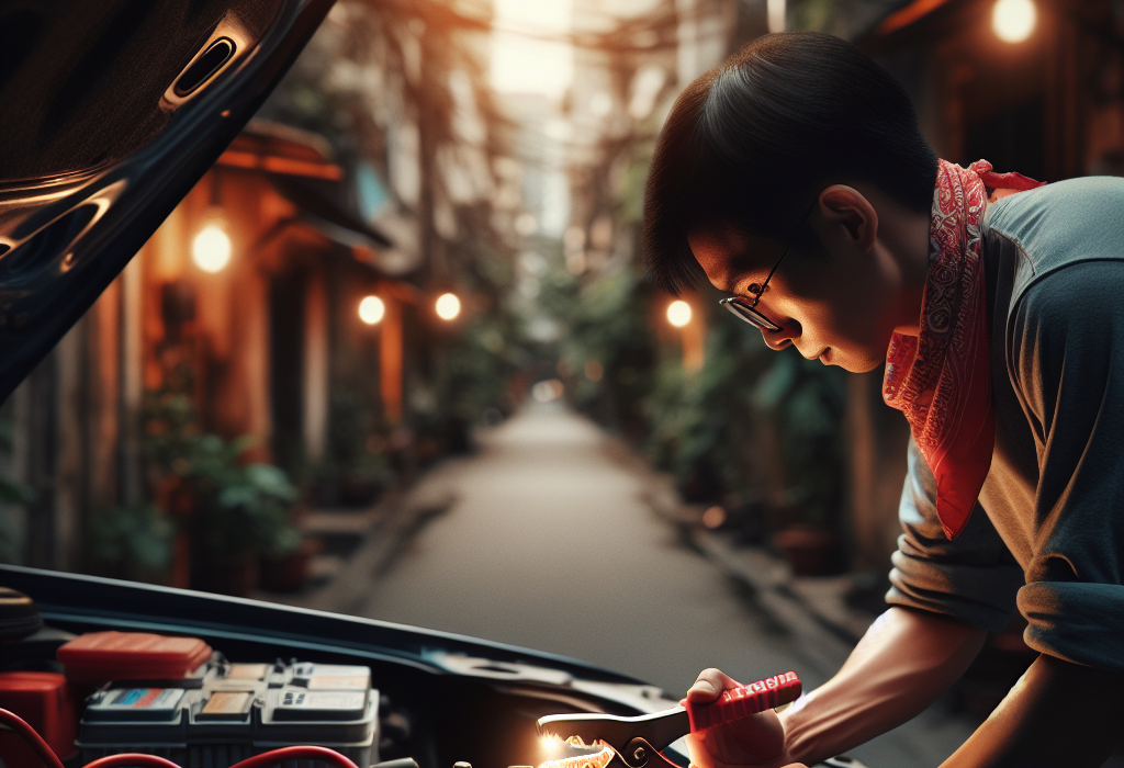 Một kỹ thuật viên đang dùng kẹp của dây câu bình màu đỏ kết nối vào cọc dương của một ắc quy ô tô.