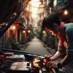 Một kỹ thuật viên đang dùng kẹp của dây câu bình màu đỏ kết nối vào cọc dương của một ắc quy ô tô.