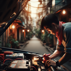 Một kỹ thuật viên đang dùng kẹp của dây câu bình màu đỏ kết nối vào cọc dương của một ắc quy ô tô.