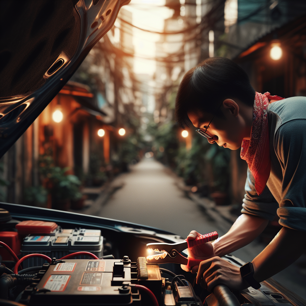 Một kỹ thuật viên đang dùng kẹp của dây câu bình màu đỏ kết nối vào cọc dương của một ắc quy ô tô.