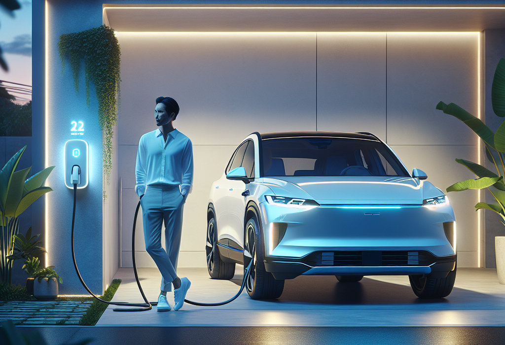 Một chiếc ô tô điện màu trắng đang được cắm sạc tại nhà trong một gara hiện đại.