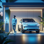 Một chiếc ô tô điện màu trắng đang được cắm sạc tại nhà trong một gara hiện đại.