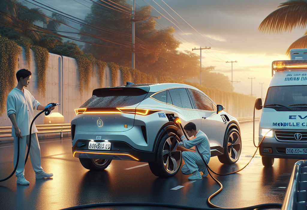 Một chiếc xe điện đang được xe cứu hộ sàn trượt kéo đi trên đường cao tốc.