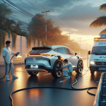 Một chiếc xe điện đang được xe cứu hộ sàn trượt kéo đi trên đường cao tốc.