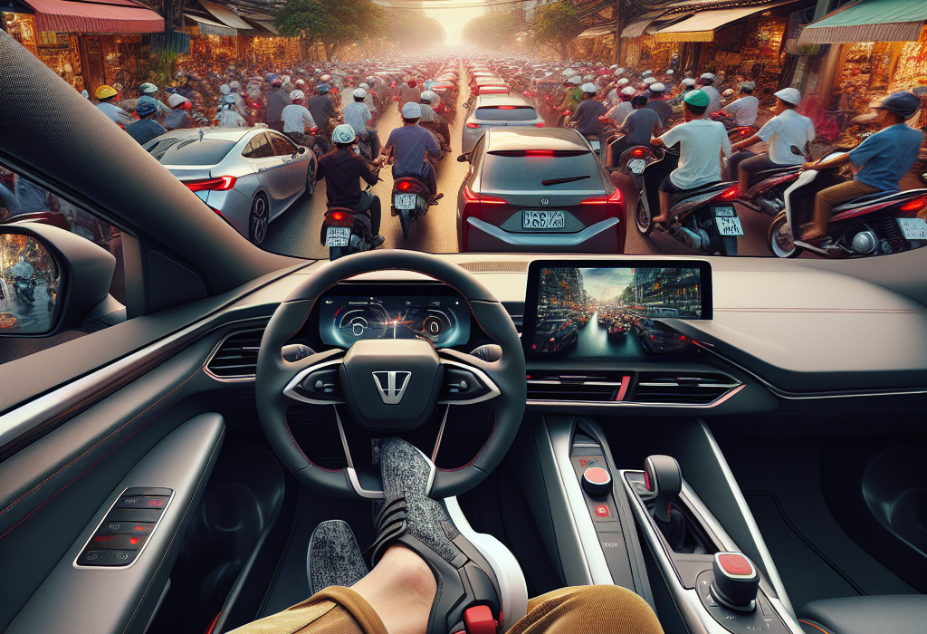 Nội thất một chiếc xe điện, cận cảnh bàn đạp ga và phanh, với dòng xe cộ tắc nghẽn nhìn qua kính chắn gió.