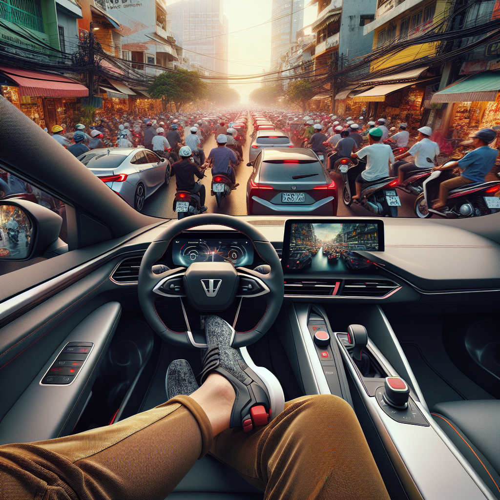 Nội thất một chiếc xe điện, cận cảnh bàn đạp ga và phanh, với dòng xe cộ tắc nghẽn nhìn qua kính chắn gió.