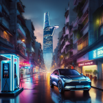 Một chiếc xe điện màu trắng đang cắm sạc bên cạnh một chiếc xe hybrid màu xám tại trạm sạc công cộng.