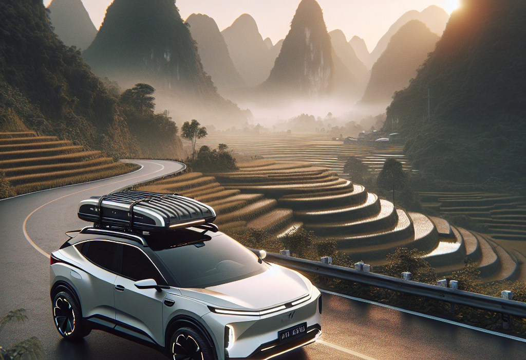 Một chiếc xe điện SUV màu trắng lắp giá nóc và hộp đựng đồ trên mui, đang đỗ trên một con đường núi cảnh đẹp.