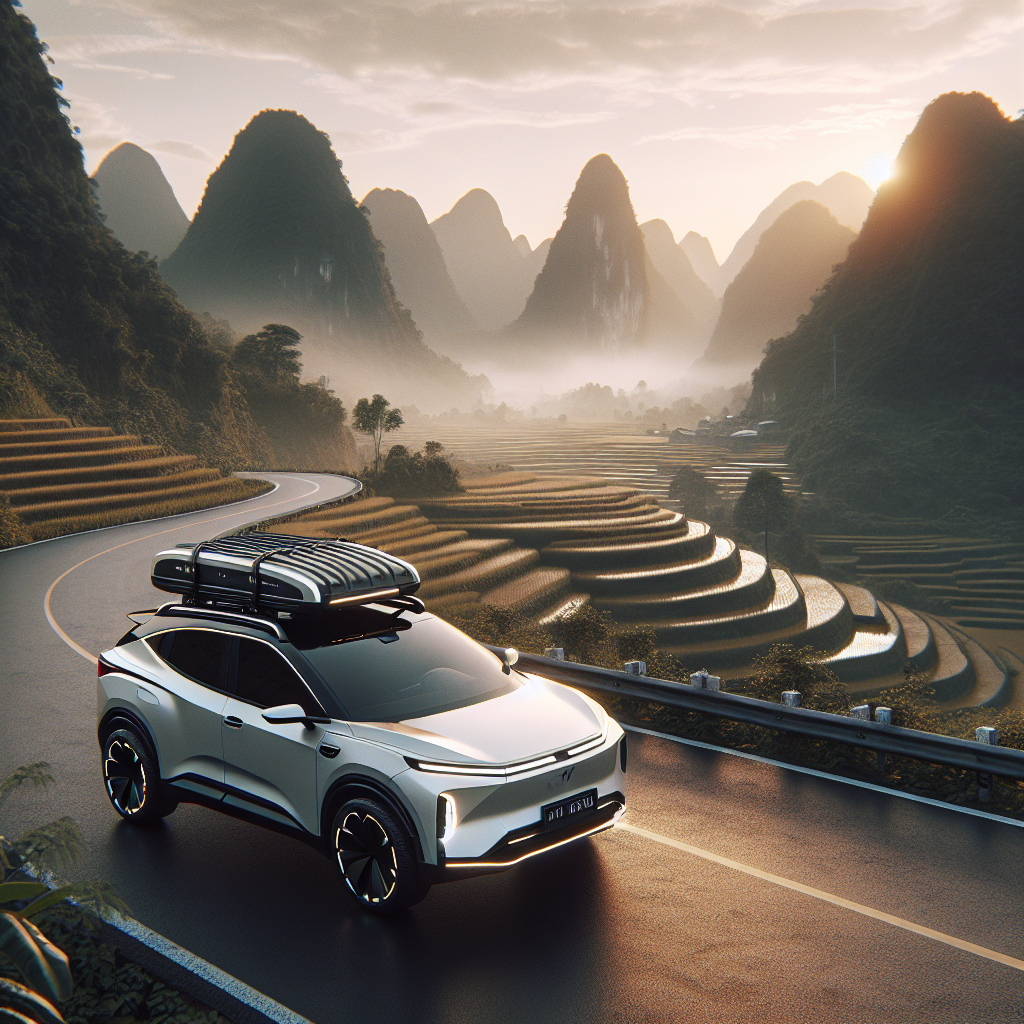 Một chiếc xe điện SUV màu trắng lắp giá nóc và hộp đựng đồ trên mui, đang đỗ trên một con đường núi cảnh đẹp.