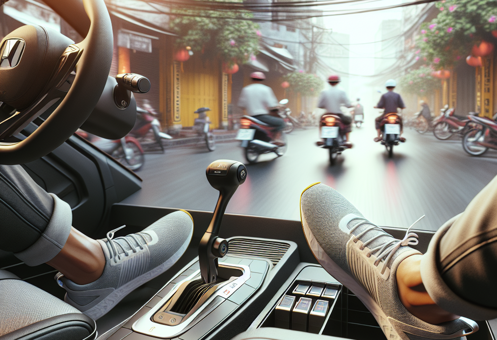 Cận cảnh bàn đạp ga của một chiếc xe điện, với đôi giày thể thao đang điều khiển.