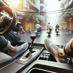 Cận cảnh bàn đạp ga của một chiếc xe điện, với đôi giày thể thao đang điều khiển.