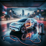 Một chiếc xe điện VinFast VF 8 màu trắng đang được cắm sạc tại trạm sạc nhanh DC công cộng.