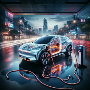 Một chiếc xe điện VinFast VF 8 màu trắng đang được cắm sạc tại trạm sạc nhanh DC công cộng.