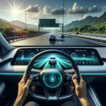 Tay lái xe điện với màn hình hiển thị hệ thống ADAS và Adaptive Cruise Control đang hoạt động trên cao tốc.