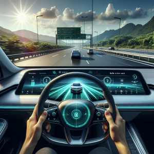 Tay lái xe điện với màn hình hiển thị hệ thống ADAS và Adaptive Cruise Control đang hoạt động trên cao tốc.