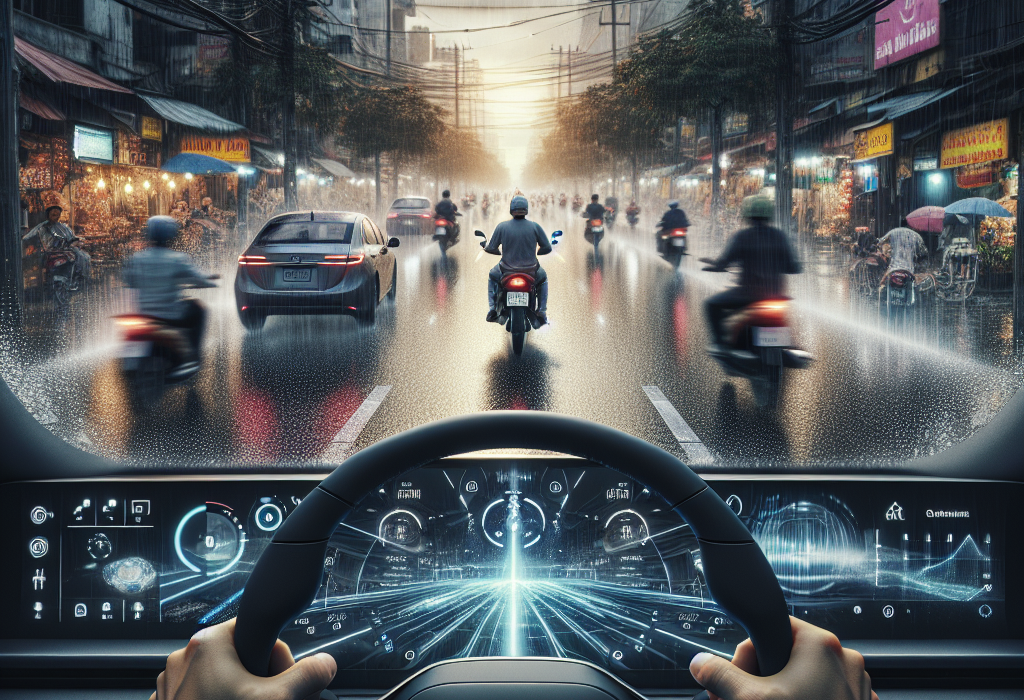 Vô lăng xe điện với màn hình kỹ thuật số hiển thị hệ thống hỗ trợ lái xe ADAS đang hoạt động trên cao tốc.