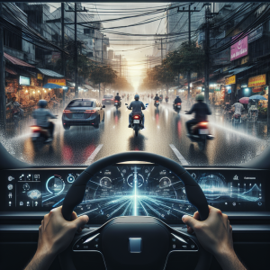 Vô lăng xe điện với màn hình kỹ thuật số hiển thị hệ thống hỗ trợ lái xe ADAS đang hoạt động trên cao tốc.