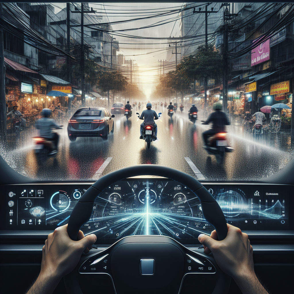 Vô lăng xe điện với màn hình kỹ thuật số hiển thị hệ thống hỗ trợ lái xe ADAS đang hoạt động trên cao tốc.