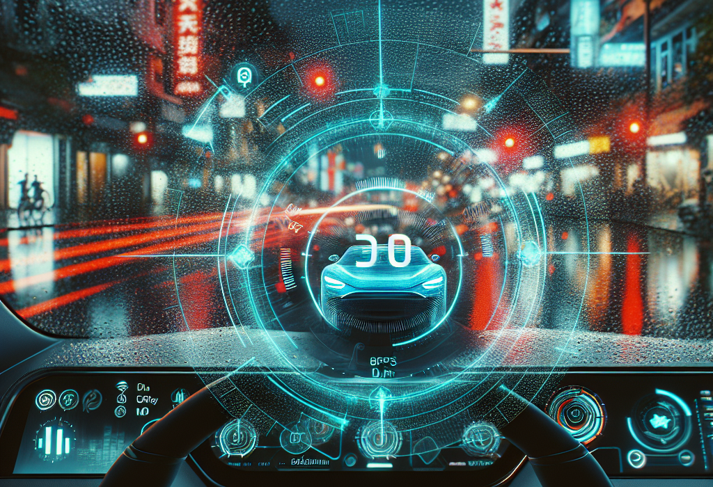 Hình ảnh màn hình HUD đang hiển thị tốc độ xe màu xanh lá trên kính lái vào ban đêm.